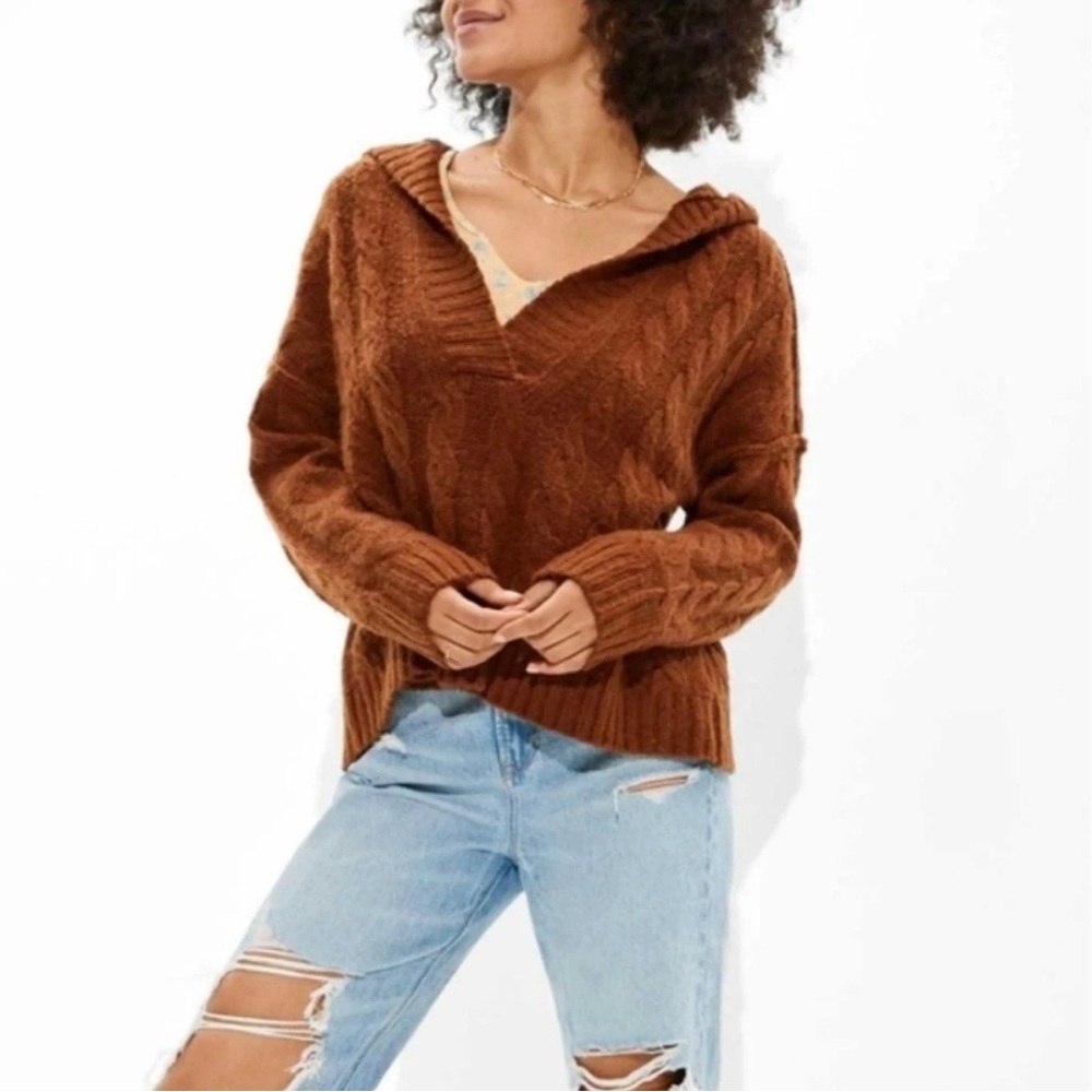 American Eagle Outfitters Women's V-Neck Cable Knit Sweater - Rich Brown